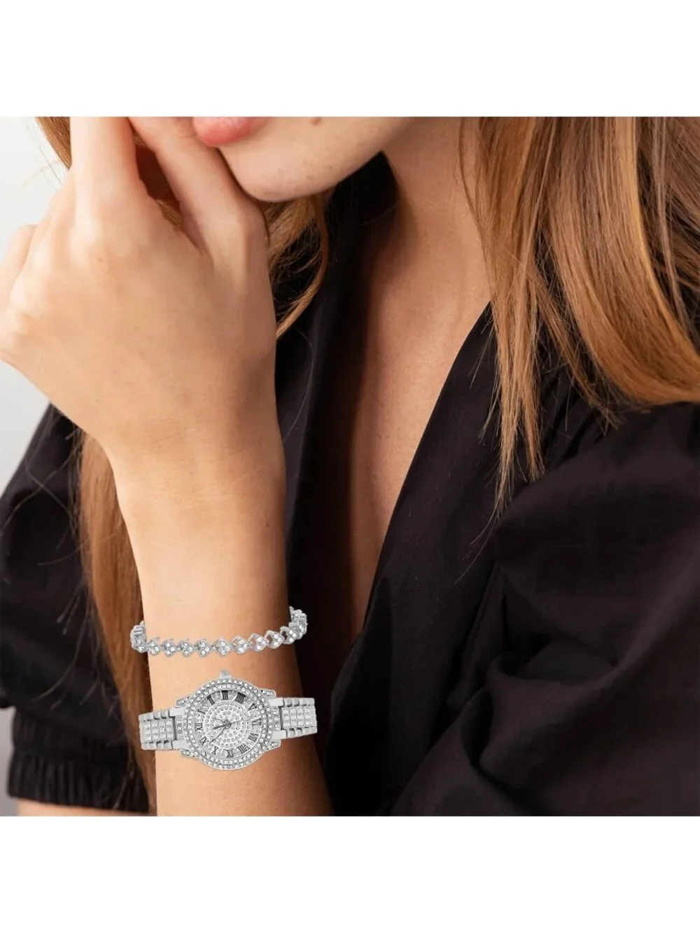 Women's Silver Analog Quartz Diamond Bracelet Set Luxury Cubic Zirconia Watch